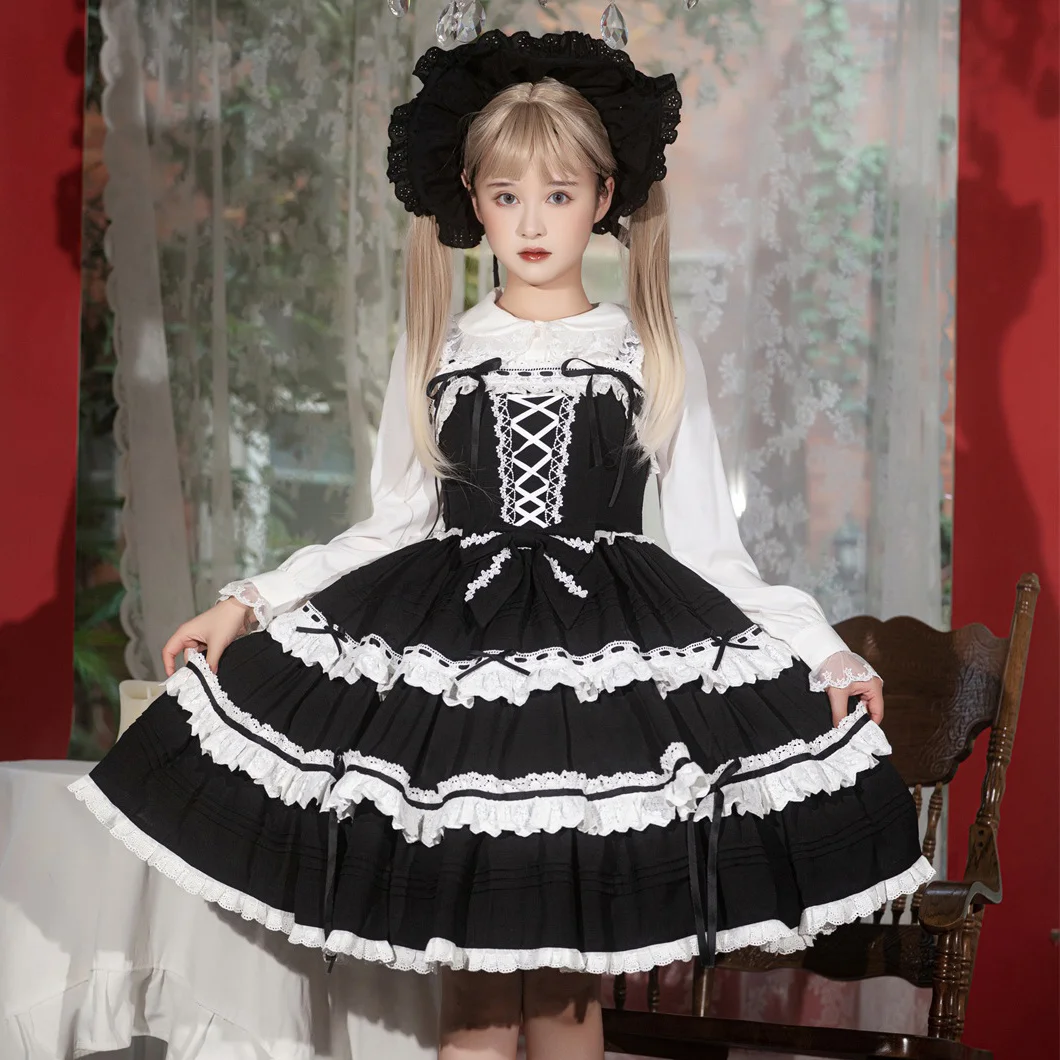 

Black Gothic Lolita Dress Sweet Girls Cute Kawaii Spaghetti Strap Maid Vintage Lace Halloween Lace Women Summer Party Dress