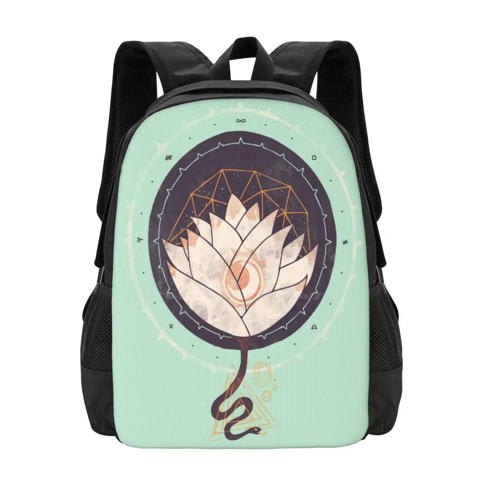 

Lotus School Bags Travel Laptop Backpack Lotus Snake Symbolism Againstbound Sun Moon Symmetry Mandala Geometry Geometric Hector