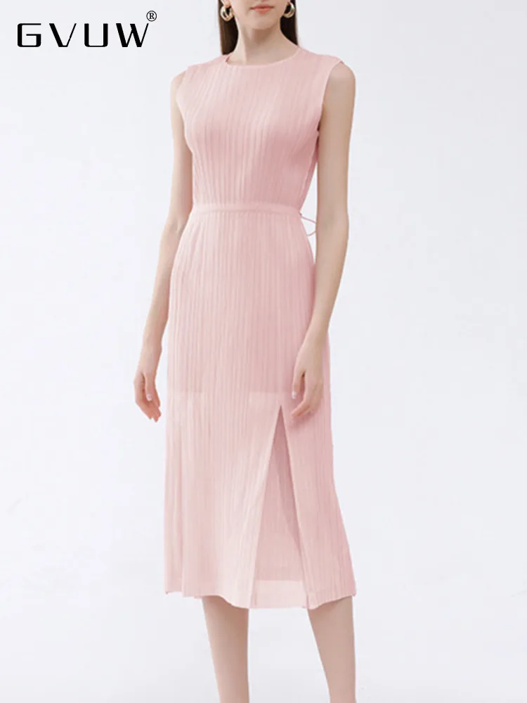 

GVUW Drawstring Pleated Dress For Women Round Neck Split Loose Sleeveless 2023 Summer New Elegant Evening Dresses Female 17G1810