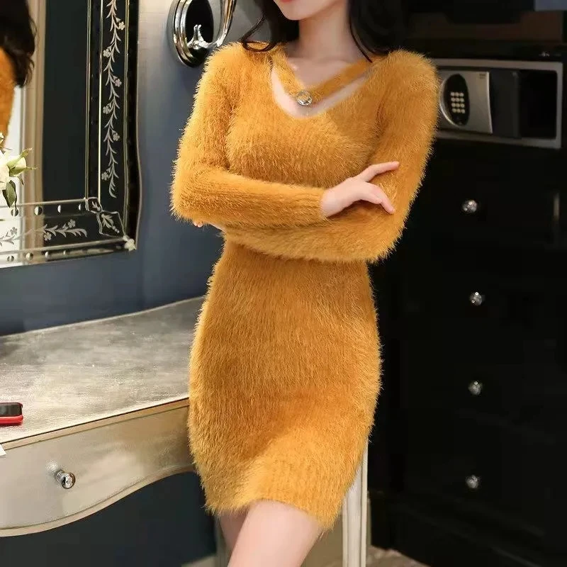

Faux Mink Furry Sweater Women Autumn Winter Embroidery Elasticity Knit Bottoming Pullover Hippocampus Sexy Package Hip Dress