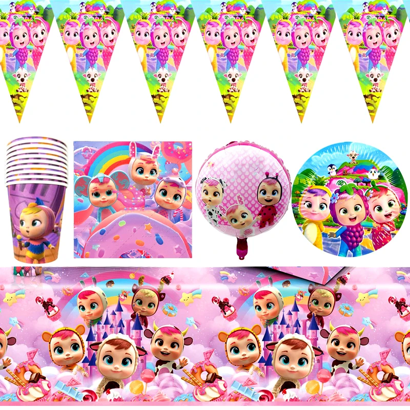 

55pcs/lot Crying Baby Theme Plates Cups Decorations Hanging Banner Tablecloth Happy Birthday Party Flags Napkins Straws Balloons