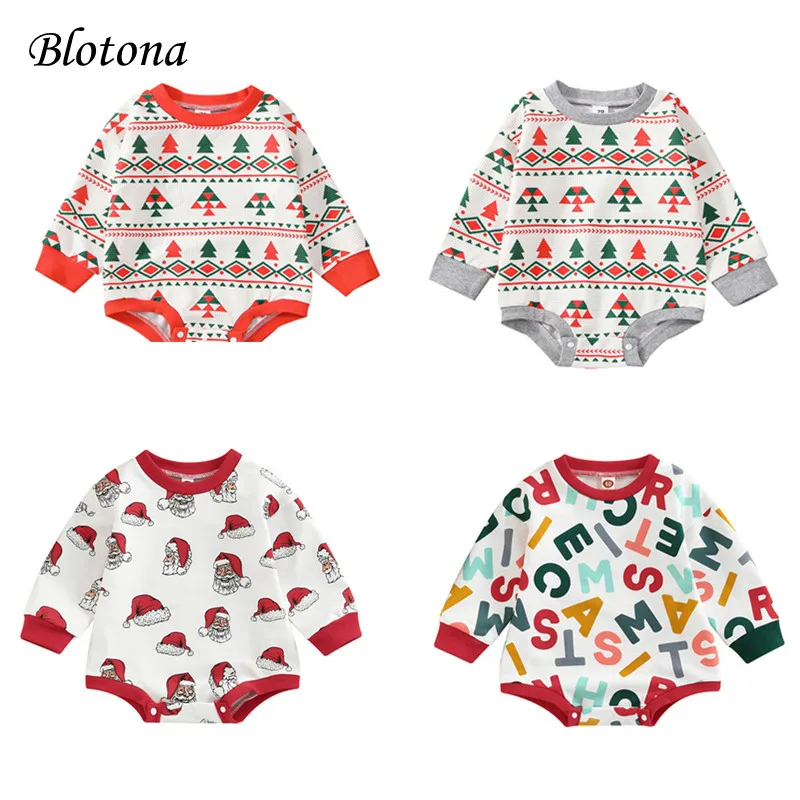 

Blotona Infant Baby XMAS Romper, Christmas Tree/Santa Claus/ Letter Print Long Sleeves O-Neck Jumpsuit for Boys Girls