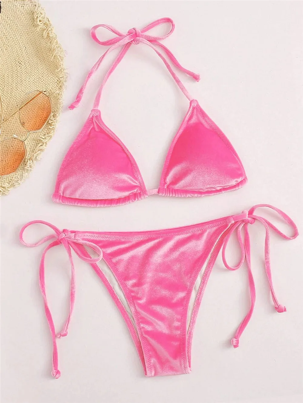 Velvet String Triangle Bikini Mujer 2022 Sexy Halter Swimsuit Women Swimwear Micro Thong Brazilian Bikinis Set Bathing Suit