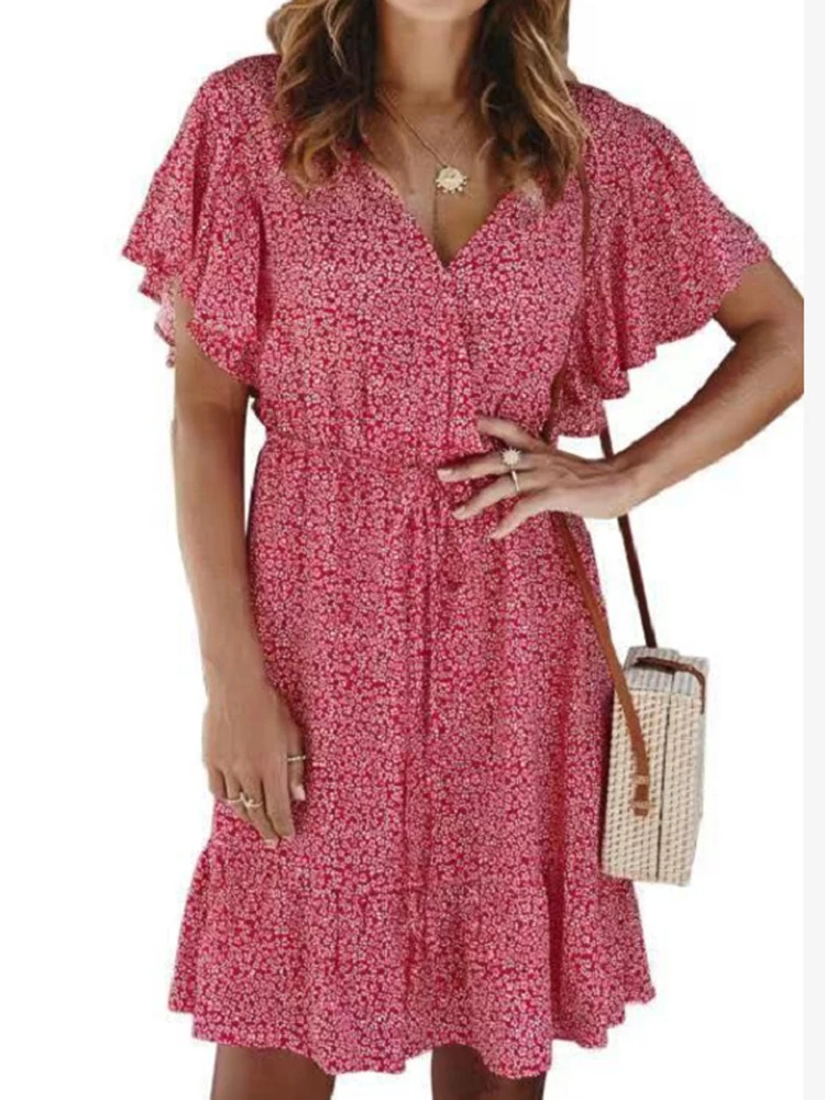 

Lace Up Bohemia Beach Vacation Nidi Dress For Women 2022 Summer Ruffle Short Sleeve Floral Elegant Office Ladies Dresses Bhoh