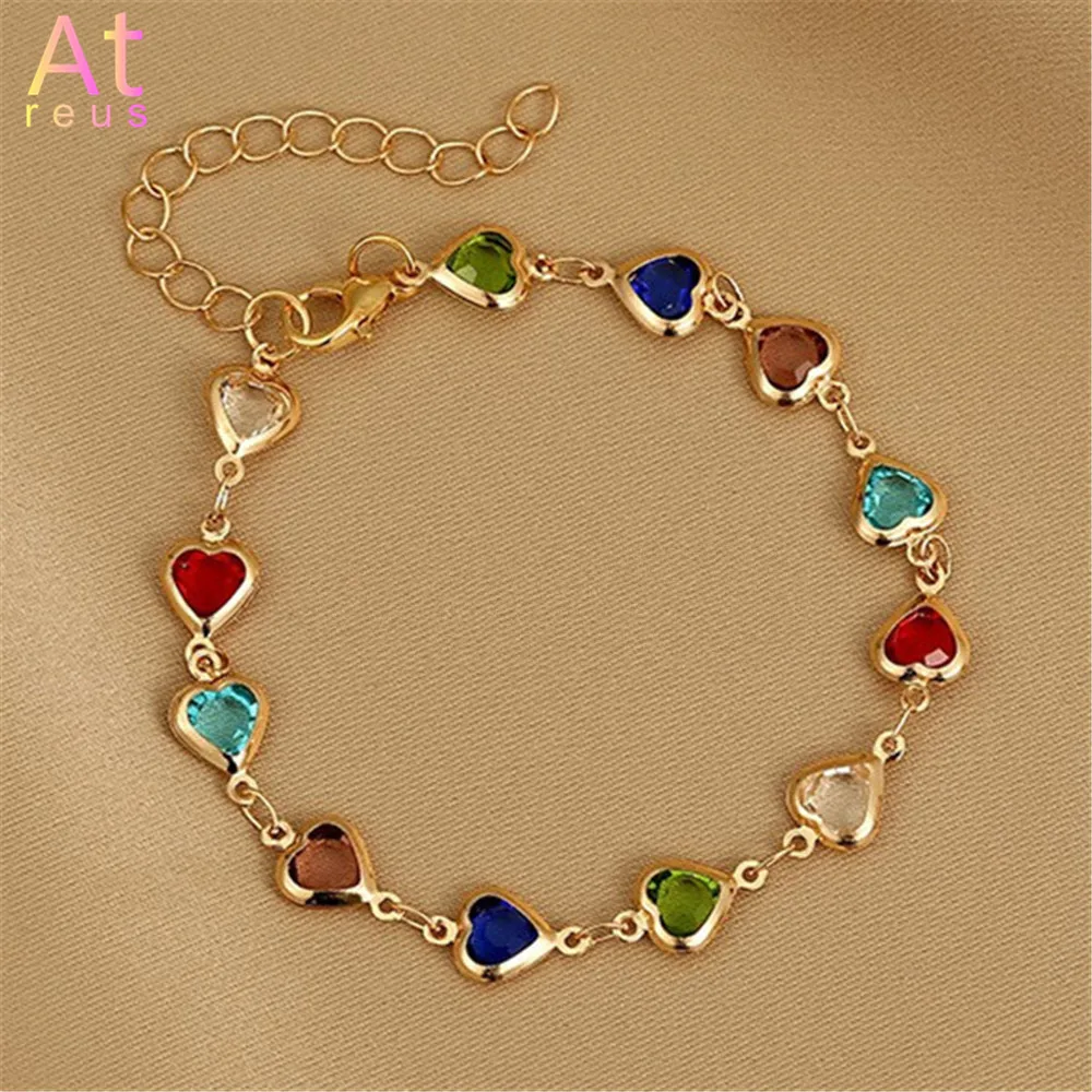 

Multicolor Crystal Love Heart Bracelet for Women Girls Summer Beach Jewelry Fashion Gold Plated Party Jewelry Couple Gifts