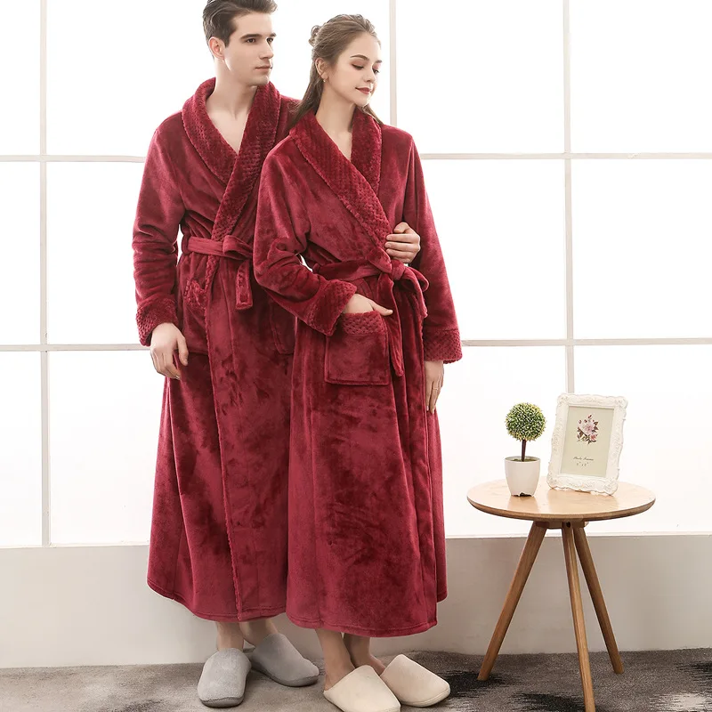 Women Men Winter Long Bathrobe Lovers Thick Warm Flannel Robe Bath Robe Sleepwear Couples Male Female Robes Dressing Gown
