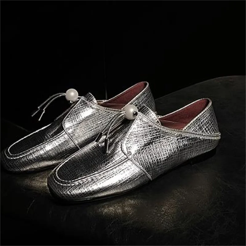 Женские туфли с жемчугом лоферы круглым носком на Плоском Каблуке бархатные