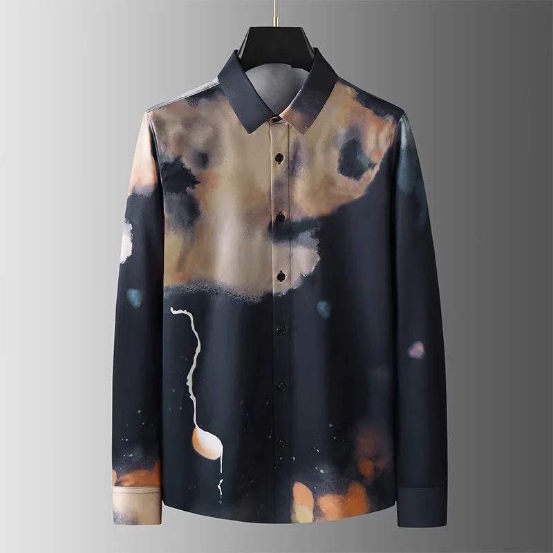Брендовая мужская рубашка с художественным принтом, приталенные деловые ...
