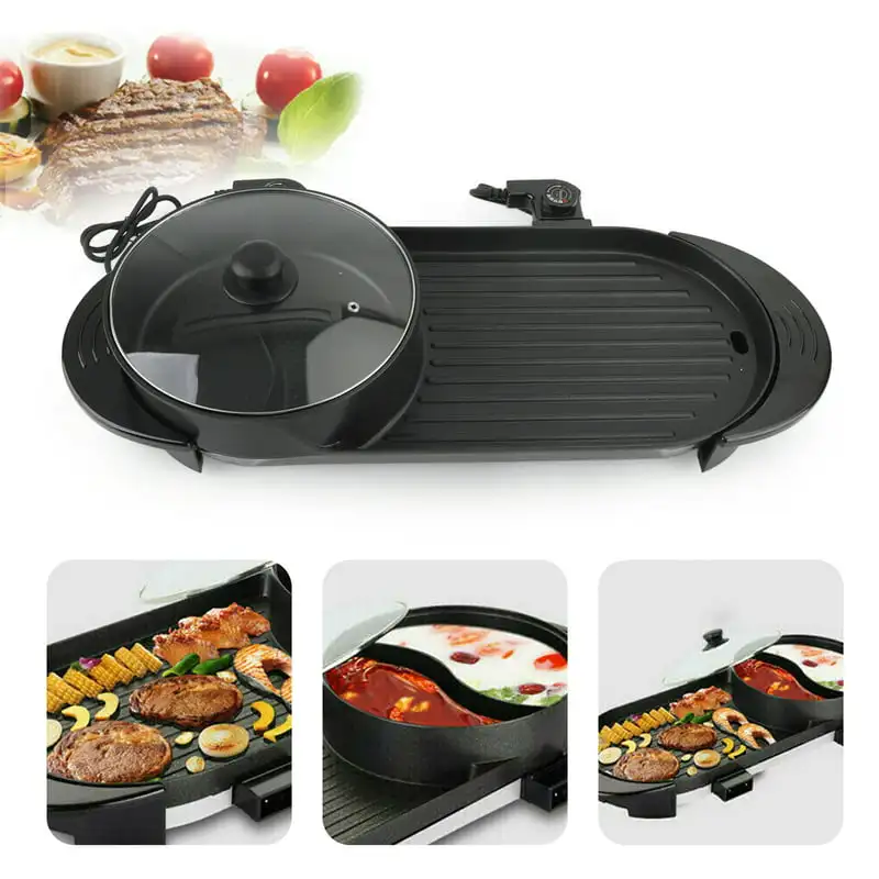 

in 1 Grill Hot Pot, Multifunctional Barbecue Teppanyaki Grill Shabu Shabu Pot with Divider, Separate Dual Temperature Adjustme