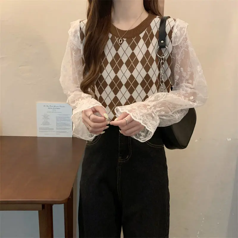 Ретро сладкий рюшами по краям в стиле пэчворк с ромбовидной сеткой искусственный