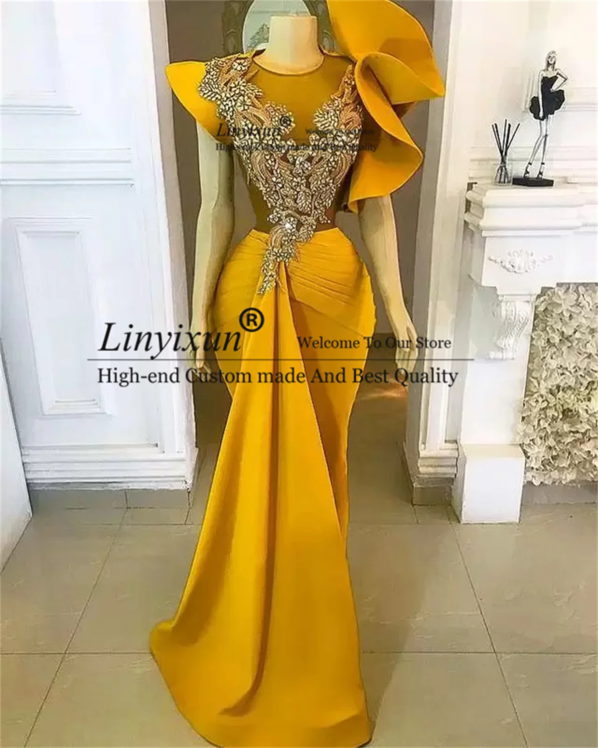 

Жёлтое платье-Русалка с кристаллами, без рукавов, со шлейфом