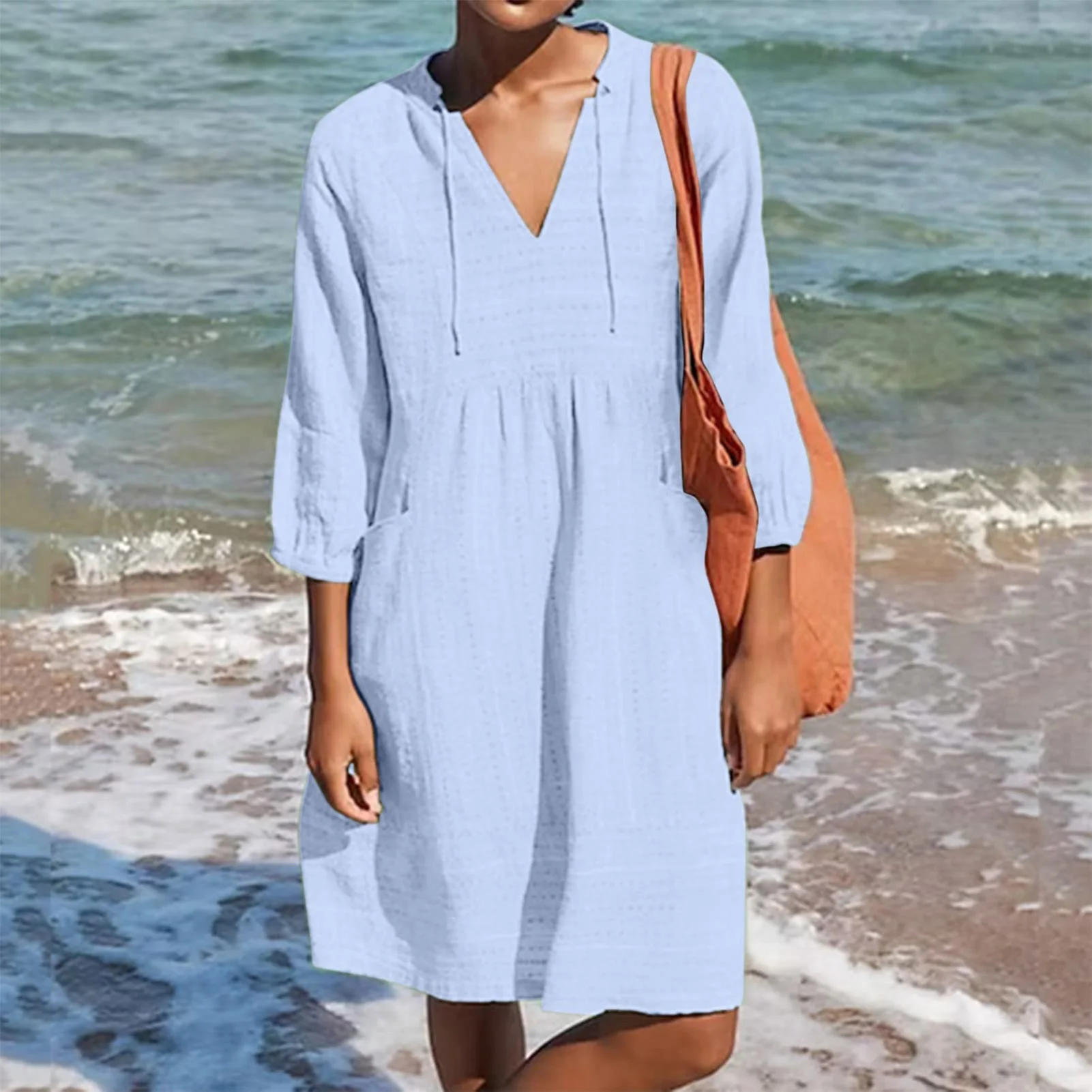 

Женское летнее платье, свободное жаккардовое платье для отпуска, удобное повседневное однотонное платье с карманами, рукав 3/4, повседневная одежда, уличная одежда, костюм