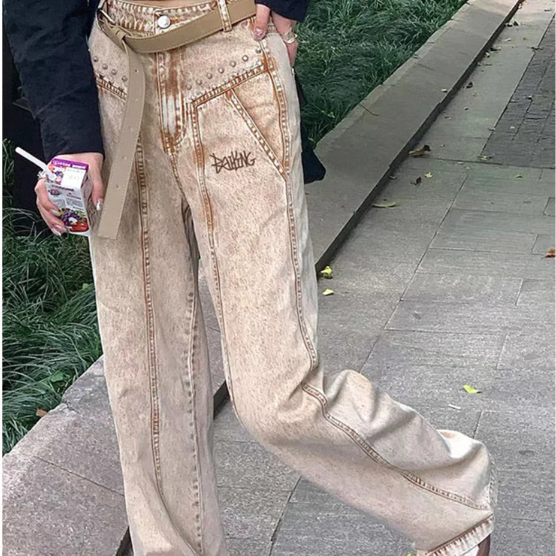 

Retro Y2K Women Jeans Embroidery Street Wide Leg Pants Trendy Jeans Womens Korean Style High Waist Street High Waist Jean 2021