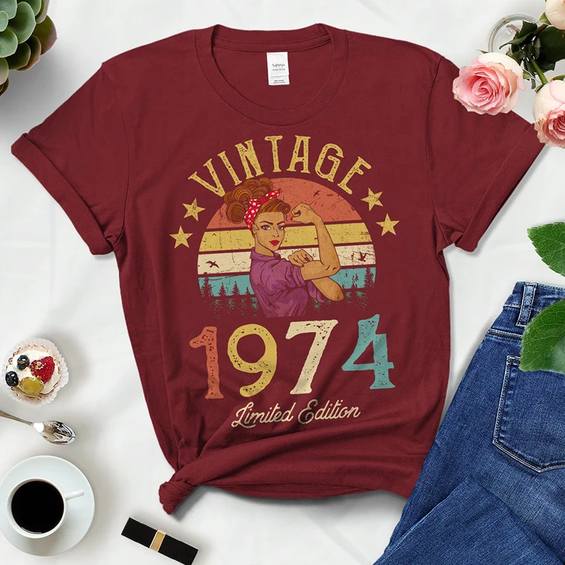

Vintage 1974 Women T Shirt 49th 49 Years Old Birthday Party Gift Mom Wife Girlfriend Tshirt Retro Top Black Clothes Dropshipping