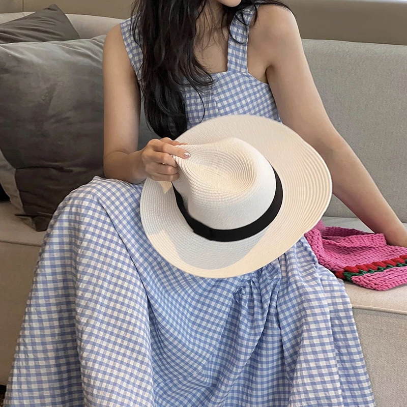 

Clothland Women Elegant Plaid Cami Dress Straps Sleeveless Backless Square Collar Pink Baby Blue Cute Midi Dresses Mujer QB810