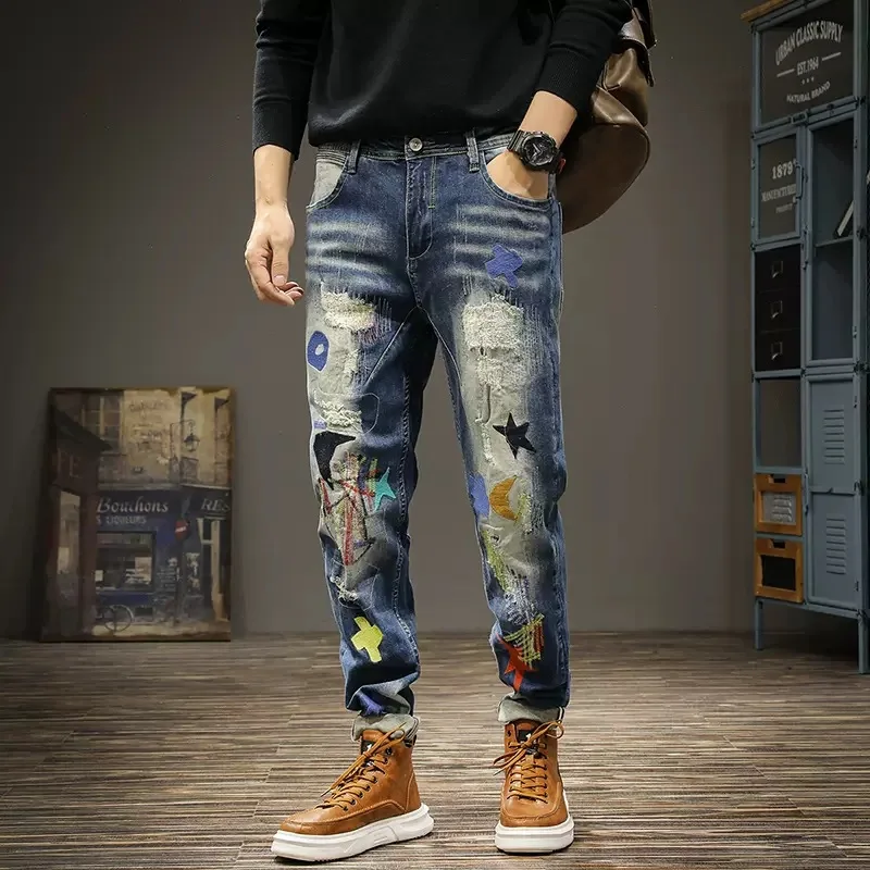 Spring And Summer Embroidered Personality Colorful Slim-Fit Jeans Men'S Ripped Patch Light-Colored Youth Long Trousers Trendy