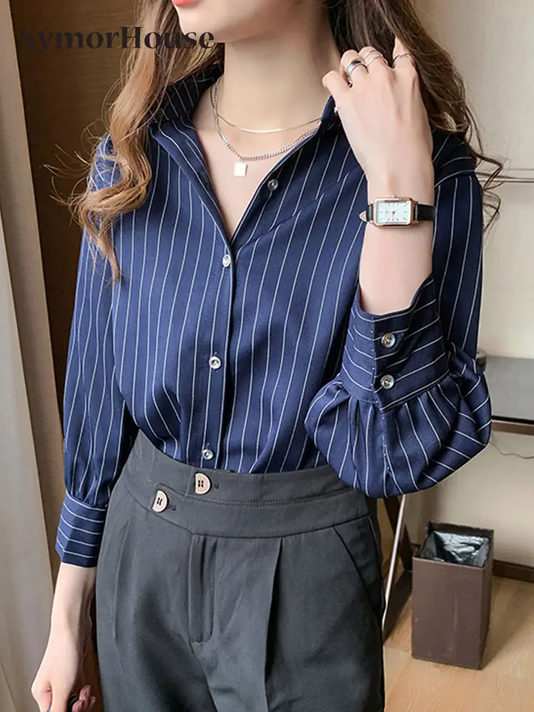 

Spring Summer Autumn Striped Three Quarter White Blouse Women Office Button Long Sleeve Chiffon Shirt Tops Clothes Blusas Femme