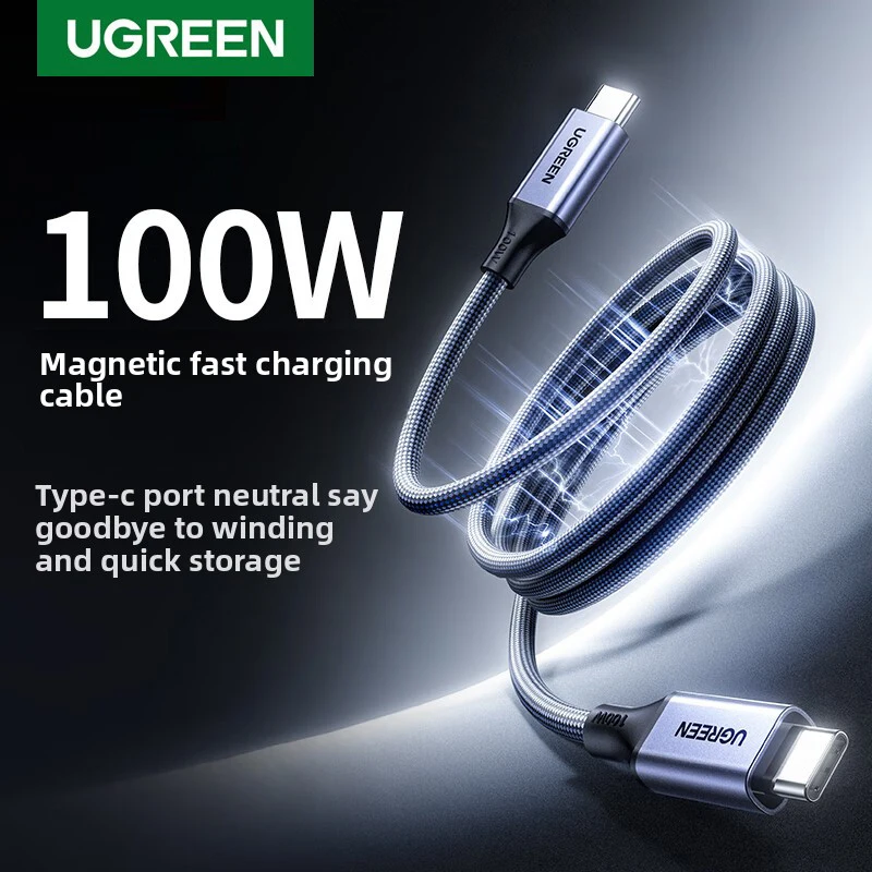 Фото UGREEN Магнитный кабель типа C к типу C 100 Вт PD Быстрая зарядка 5A для Apple iPhone iPad iMacbook USB C Зарядное устройство 1 м Android плетеный №2