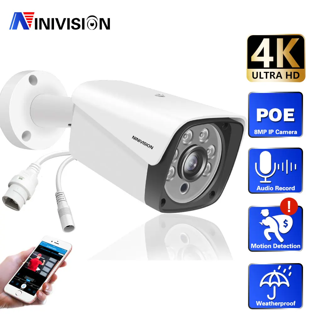 

1PC Ultra HD 8MP POE Camera 4K IP67 Weatherproof Security Network Bullet Night Vision Email Alert Metal CCTV Camera