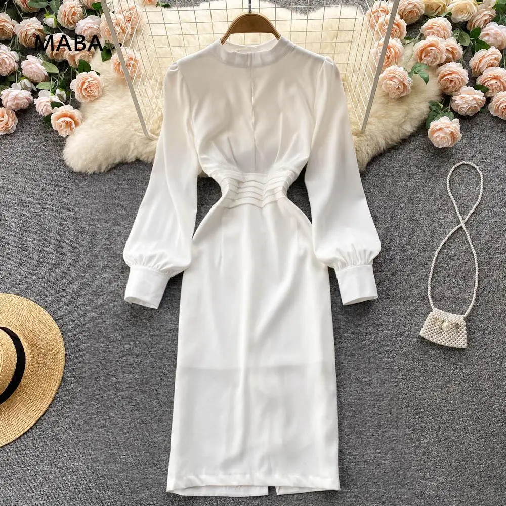 

New Women White Dress Spring Female Stand Collar Long Sleeve High Waist Slim Elegant Temperament Office Lady Mid-calf Dresses