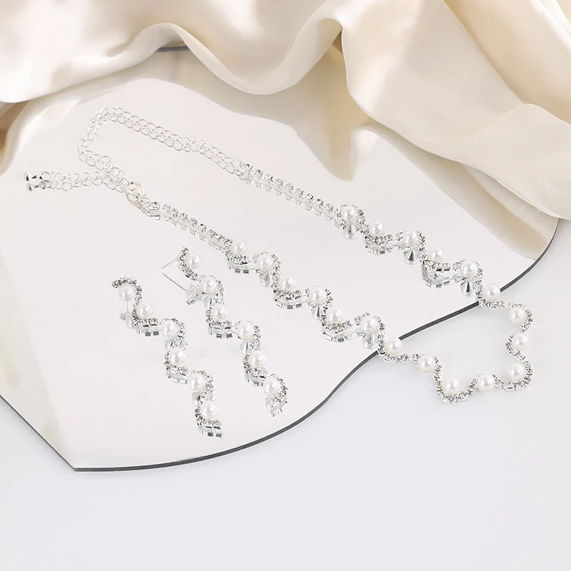 Silver-plate Imitation Pearl earrings necklace bridal accessories two-piece set High-grade alloy jewelry accessories for woman