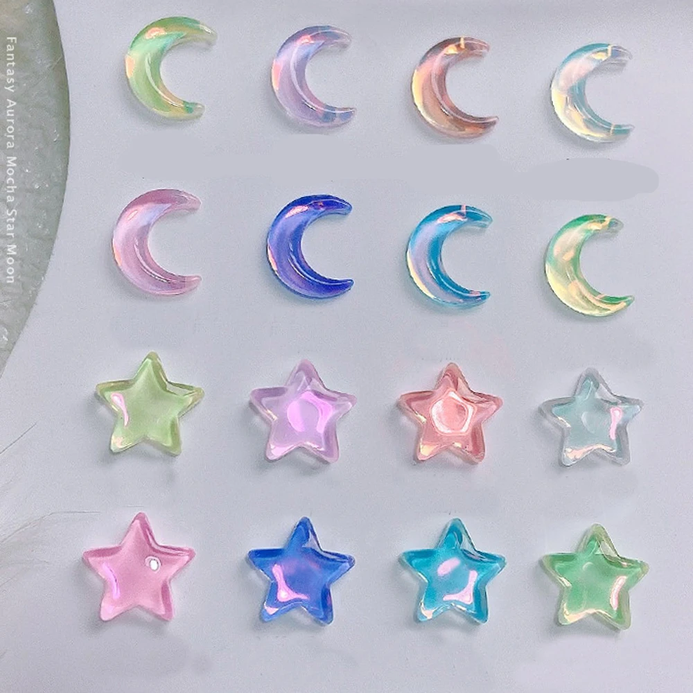 

20Pcs Small Star Moon Nail Art Charms 3D Colorful Mocha Crystal Flat Bottom Moon Star Nail Decoration Shiny DIY Nail Accessories