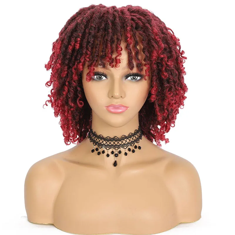 Short Dreadlock Hair Wig Female Synthetic Soft Faux Locs Curly Wigs With Bangs For Black Women Ombre Crochet Twist Hair Wigs