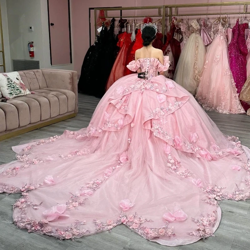 Блестящее розовое платье EVLAST для Quinceanera бальное 3D цветочное кружевное с