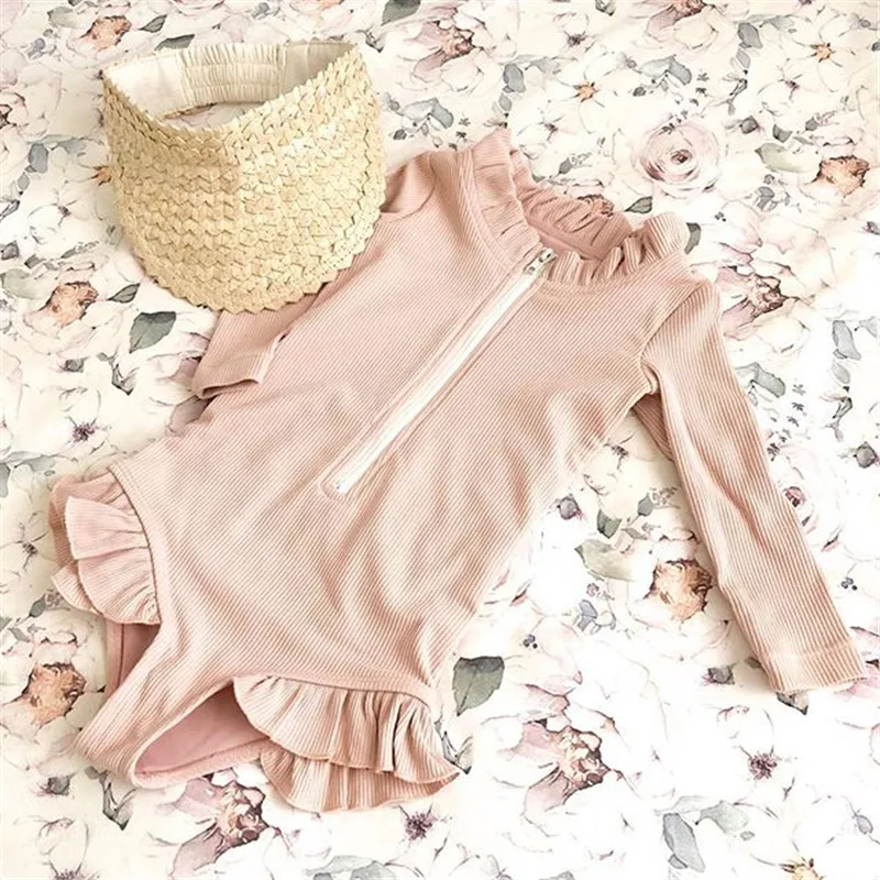 

1-5Y Toddler Kids Baby Girls Swimwear Knitted Front Zipper Long Sleeve Ruffles Summer Swimsuit Bathing Swimming Suit