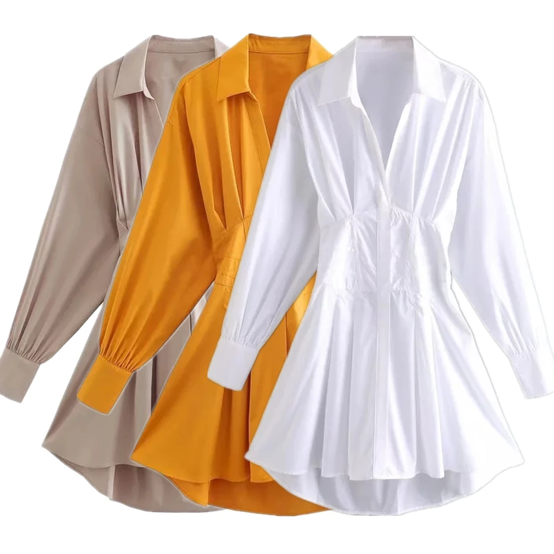 

Maxdutti 2022 Instagram блоггер Мода Винтаж собирать талии ажурное сексуальное платье чистого цвета рубашка воротник вечерние нее платье для женщин