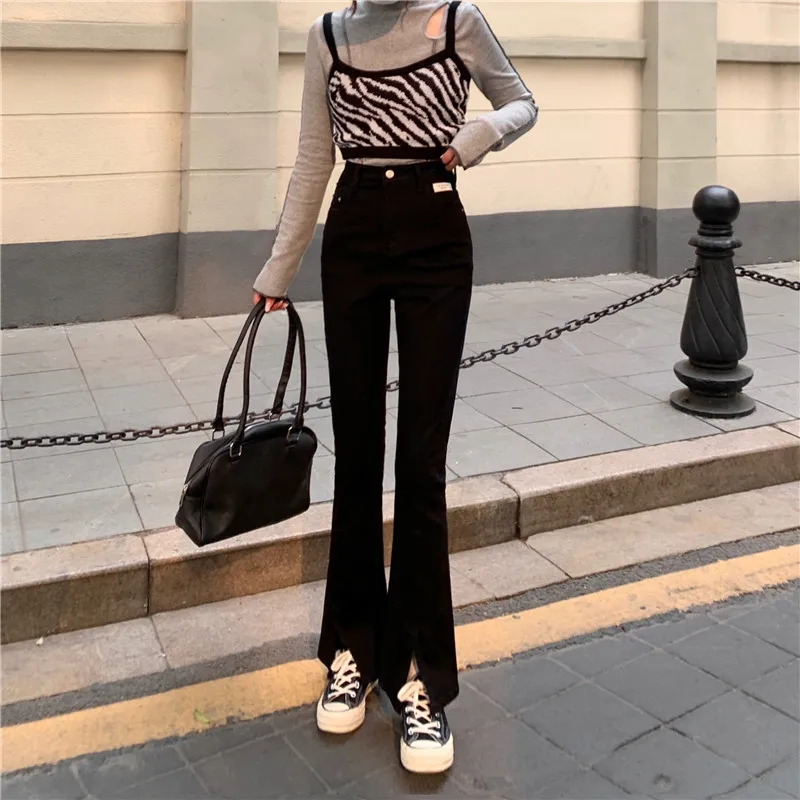 N2611   New retro high-waisted slim slimming fashion trousers split micro trousers jeans
