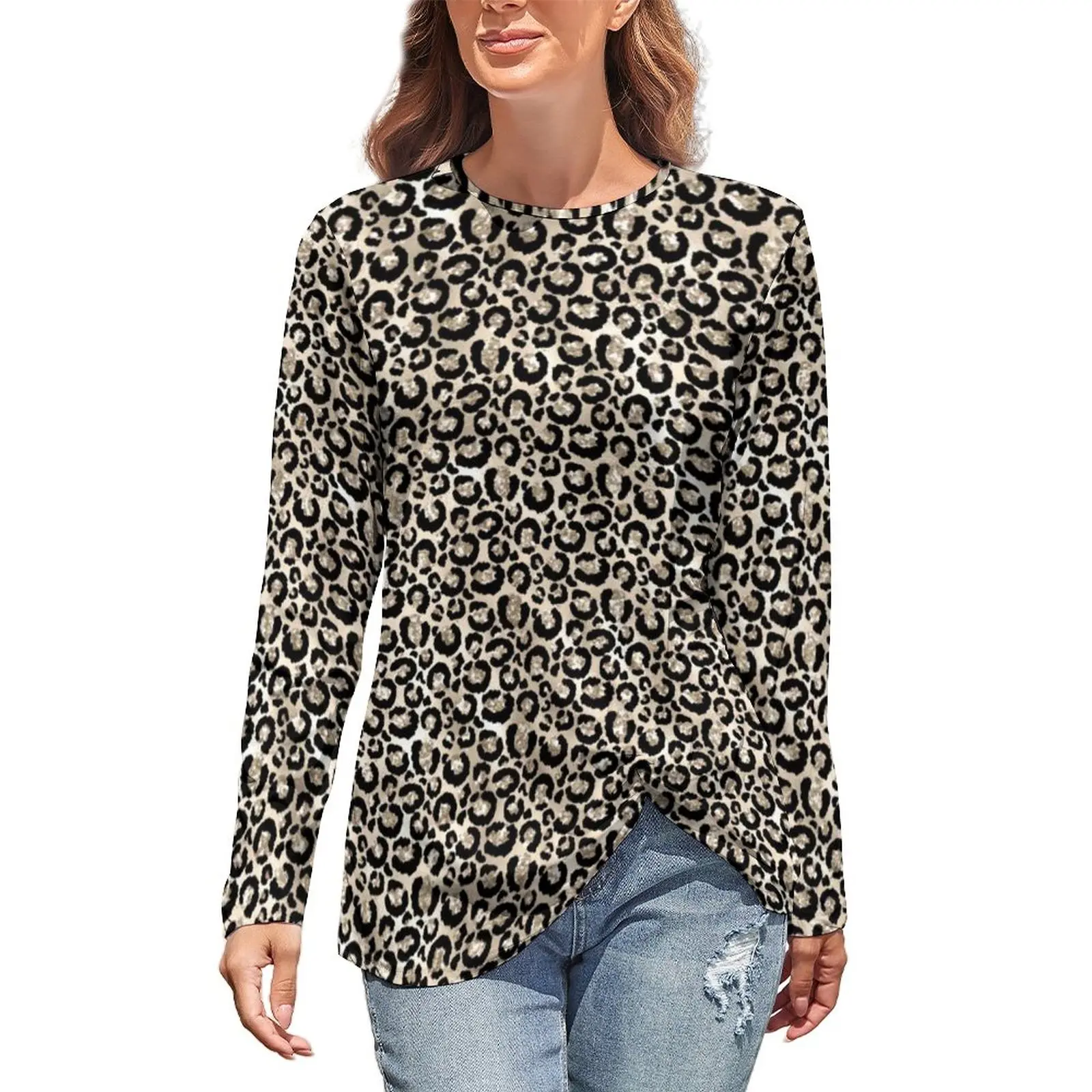 

Glitter Cheetah Spots T Shirts Glam Champagne Leopard Print Street Fashion Long Sleeve T Shirt Funny Pattern Tees Big Size 4XL
