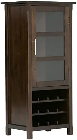 

12-Bottle SOLID WOOD 22 Inch Wide Contemporary High Storage Wine Cabinet in Dark Tobacco Brown, For the Living Room, Dining Roo