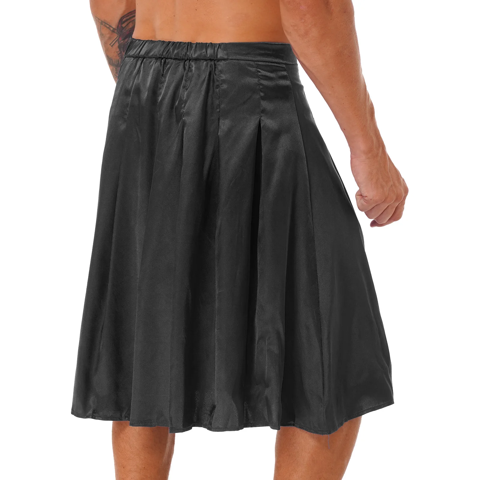 New Men Pleated Satin Midi Skirt Loungewear Side Invisible Zipper Back Elastic Waistband Skirts Nightwear Solid Color Sleepwear