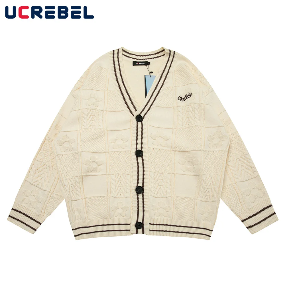 

Letter Embroidery Sweater Mens Casual Jacquard Streetwear Knitted Sweater Autumn Winter Long Sleeve V-neck Cardigan Outerwear