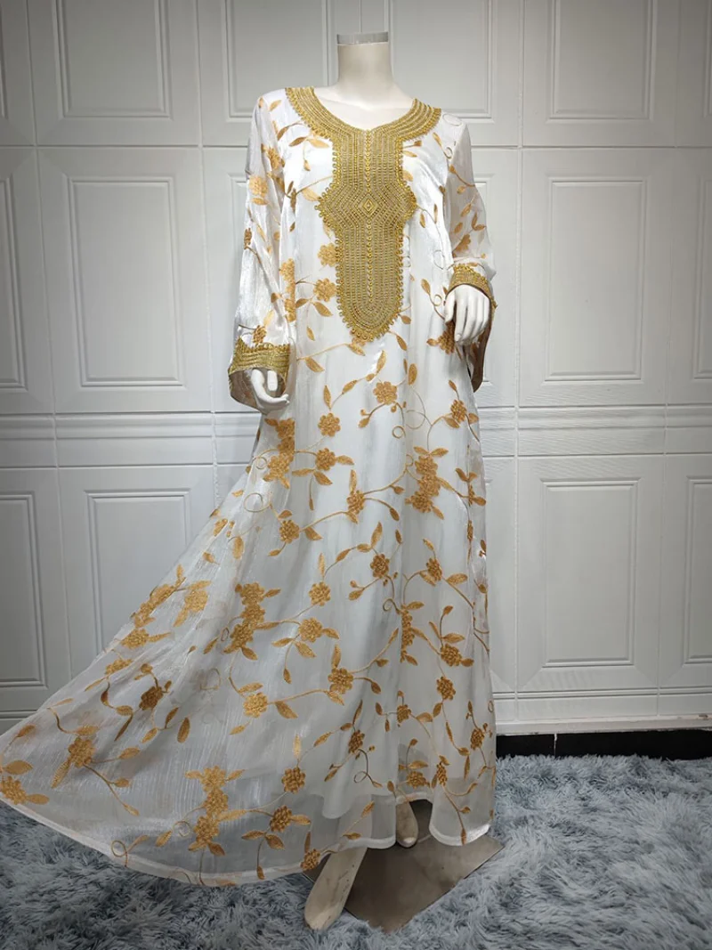 White Kaftan Arabic Evening Long Dress Women Golden Embroidered Muslim Moroccan Party Caftan Gulf Jalabiya Wedding Dubai Abaya