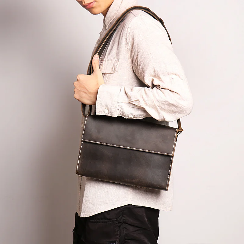 

Винтажная модная мужская горизонтальная сумка-мессенджер с подкладкой из полиэстера и хлопка, сумка-слинг с откидной крышкой, Повседневная Наплечная Сумка из натуральной кожи для мужчин