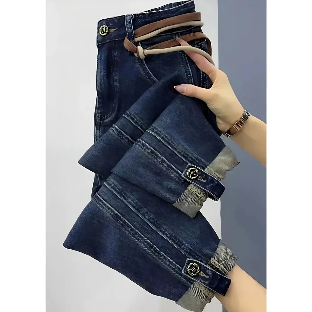 

Новинка 2023, прямые джинсы с высокой талией на весну и осень, свободные эластичные джинсовые брюки большого размера, женские джинсовые брюки до щиколотки