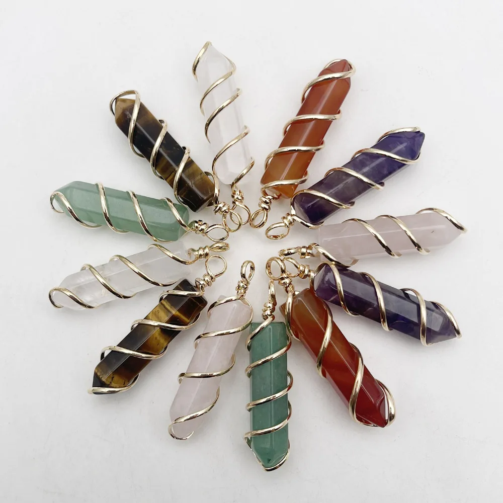 

Fashion new pendulum natural gem stone Rose quartz Amethyst gold color necklace pendant jewelry making charm accessories 12pc