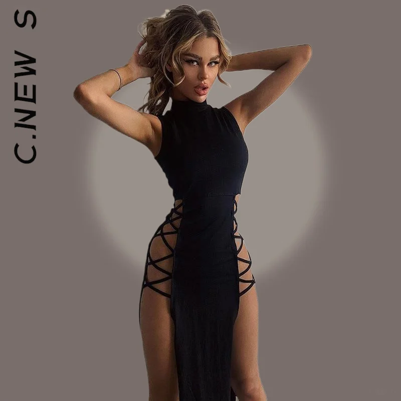 

C.New S 80% полиэстер, женское летнее платье на шнуровке с разрезом сбоку, длинное платье, Клубная одежда, женское облегающее платье