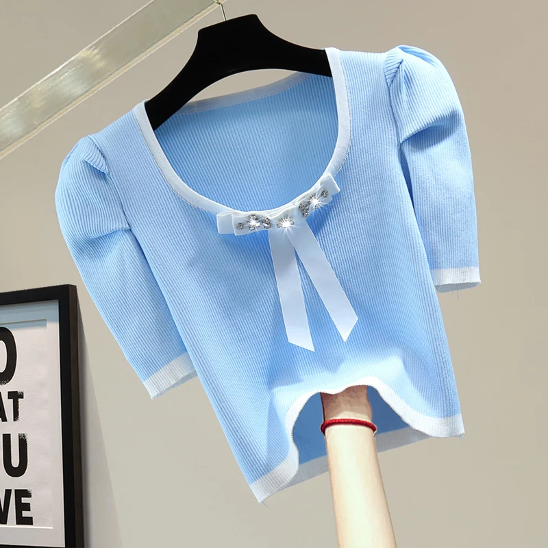 

Contrast Color Bow Ice Silk T-shirt for Women 2022 Summer Slim Short Tshirts Female Diamond O-neck Puff Sleeve Knitted T-shirts