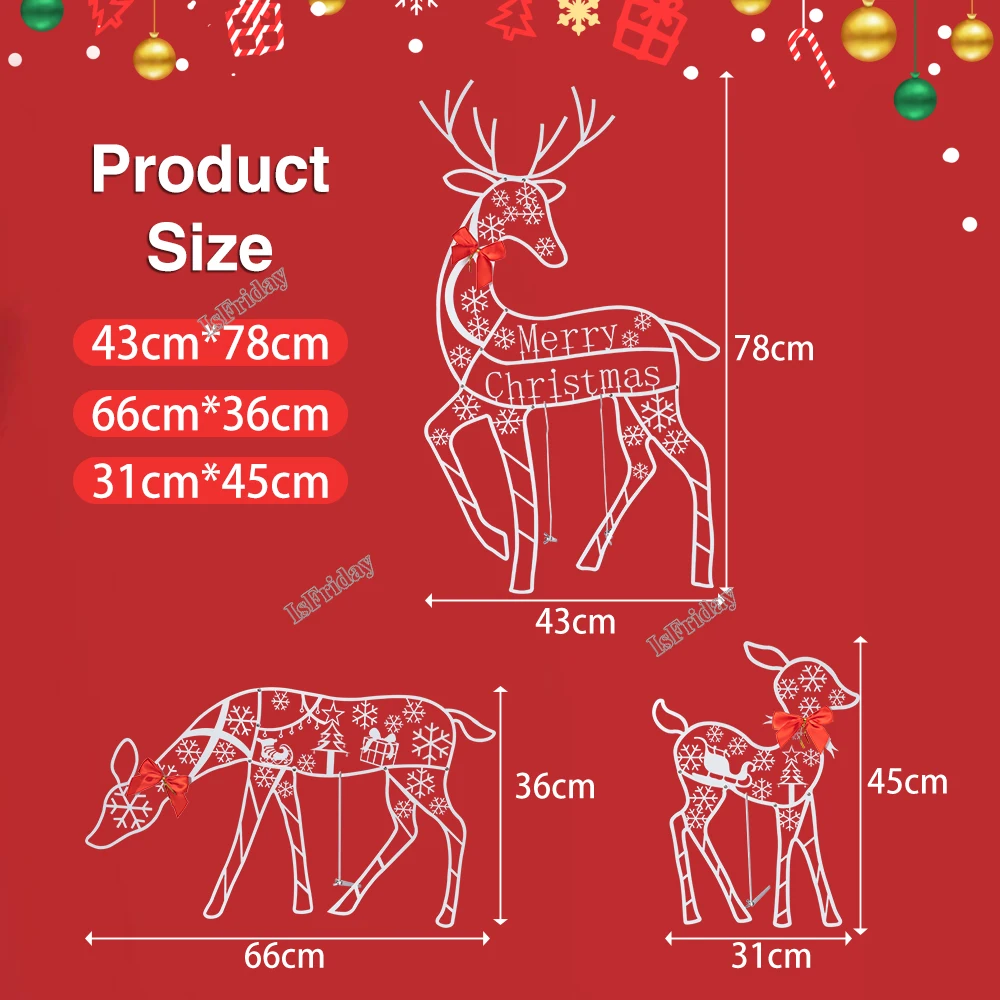 3PCS Handmake Iron Art Elk Deer Christmas Garden Decor &ampLED Light Glowing Glitter Reindeer Xmas Home Outdoor Yard Ornament