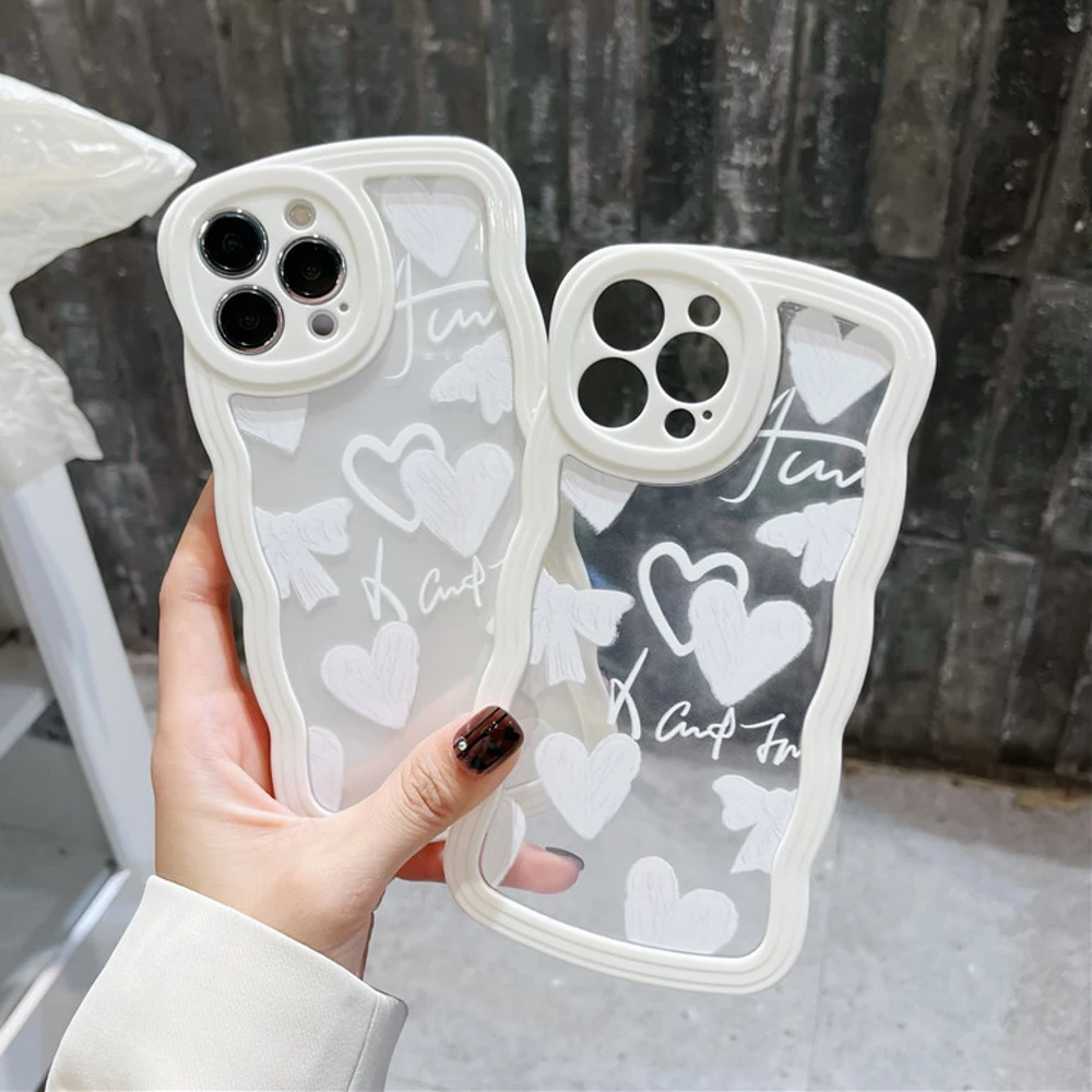 

Cute Transparent Curly Wave Case For iPhone 11 12 13 14 Pro Max 7 8 Plus X XR XS SE 2022 2020 Hybrid Shockproof Bumper TPU Cover