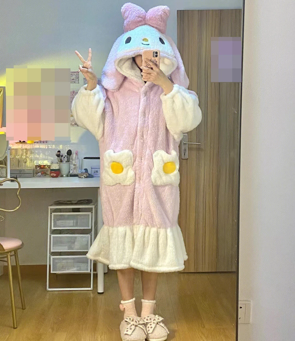 Winter Flannel Kawaii Robes Coral Fleece Pajamas Thick Warm Cute Pijamas Women Home Wear Pink Sweet Hooded Nightgowns Nightwear