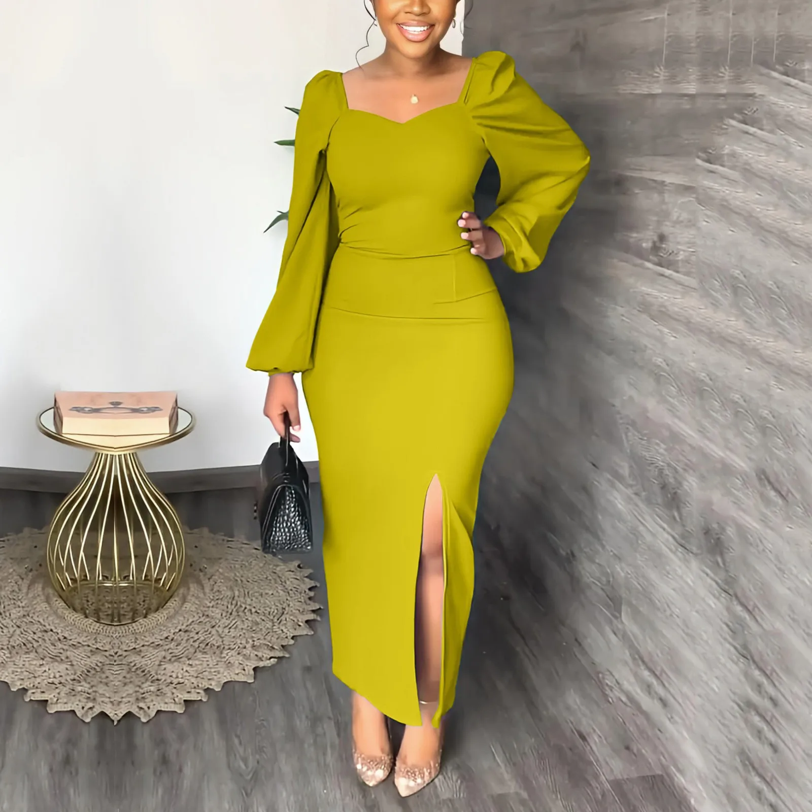 

Женское осенне-зимнее однотонное платье с длинным рукавом и U-образным вырезом