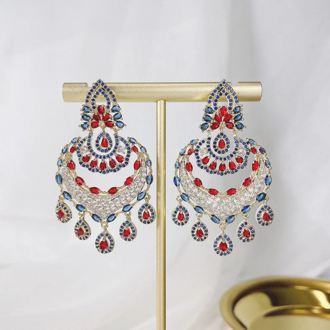 

red teardrop zirconium tassel earrings European exaggeration Bohemia vintage Luxury fine wedding jewelry