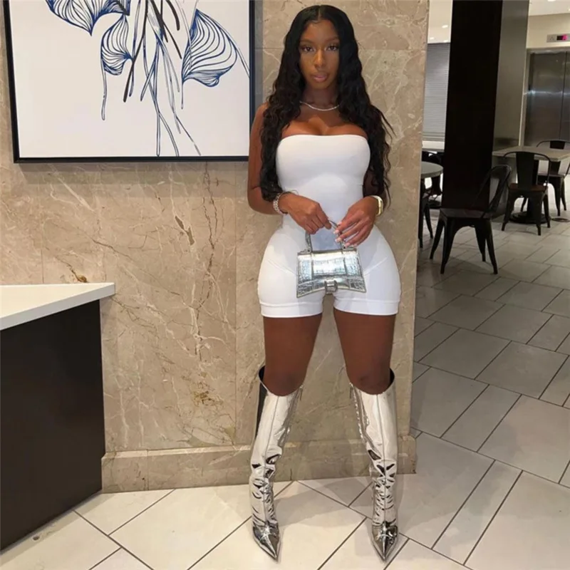 

Woman Off Shoulder Short Jumpsuit Solid Color Sleeveless Backless Lace Up Bandage Playsuit S-L 2Color