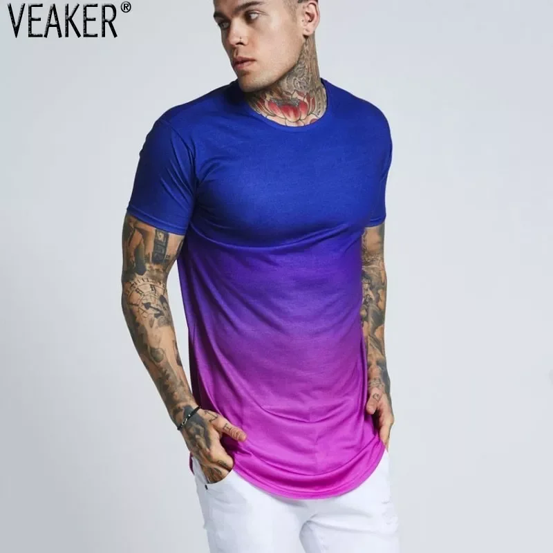 

NEW IN New Men's Summer Gradient High Street T shirt Male Long Streetwear T shirt Men Short Sleeve 3D Printed Tshirt Tops M-