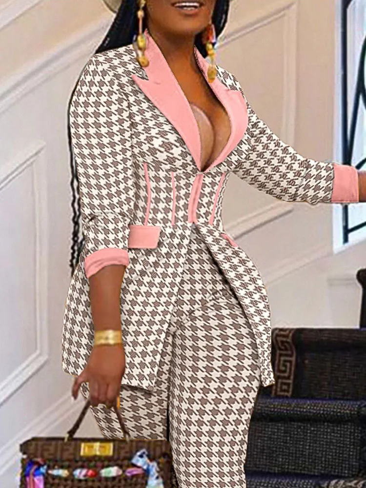 Women Blazer Set 2022 Autumn Elegant Office Lady Plaid Print Long Sleeve Turndown Breasted Blazers Female Business Blazer Suit