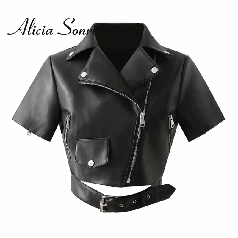 

Rock 2022 Spring Women Turn-down Collar Belted Patchwork Short PU Leather Jacket Street Hipster Zipper Black Motorcycle Coat